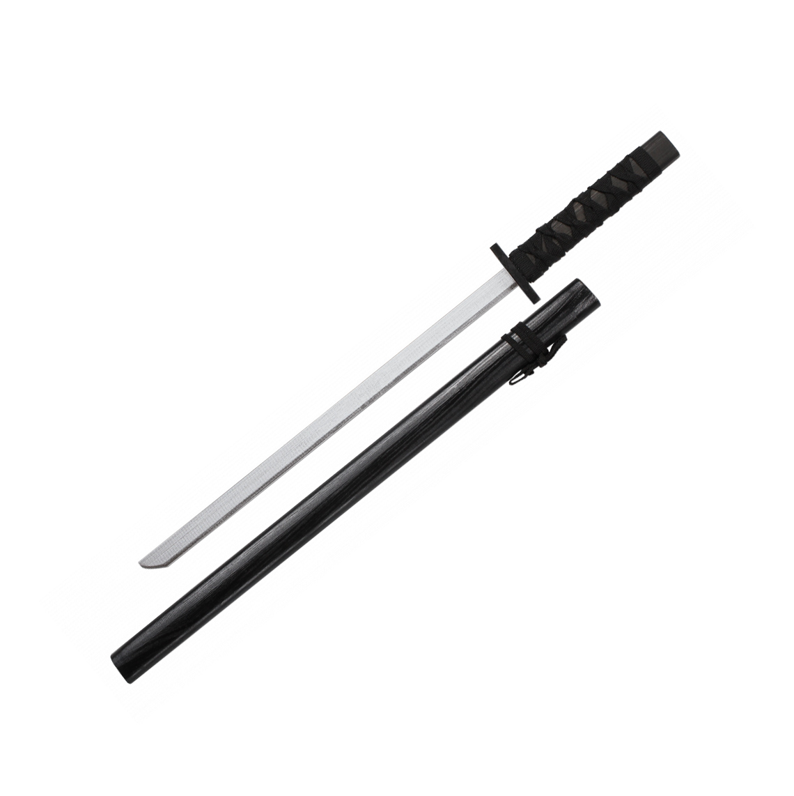 Holzkatana mit schwarzem Griff und schwarzer Besaitung und einer ...