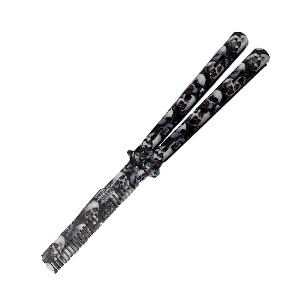 Canivete borboleta JKR com desenho de pente e caveiras