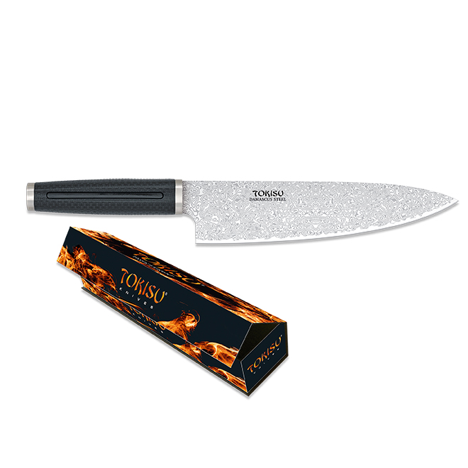 Cuchillo de cocina Gyuto con hoja de acero damasco de 21.5 cm y mango de goma negra