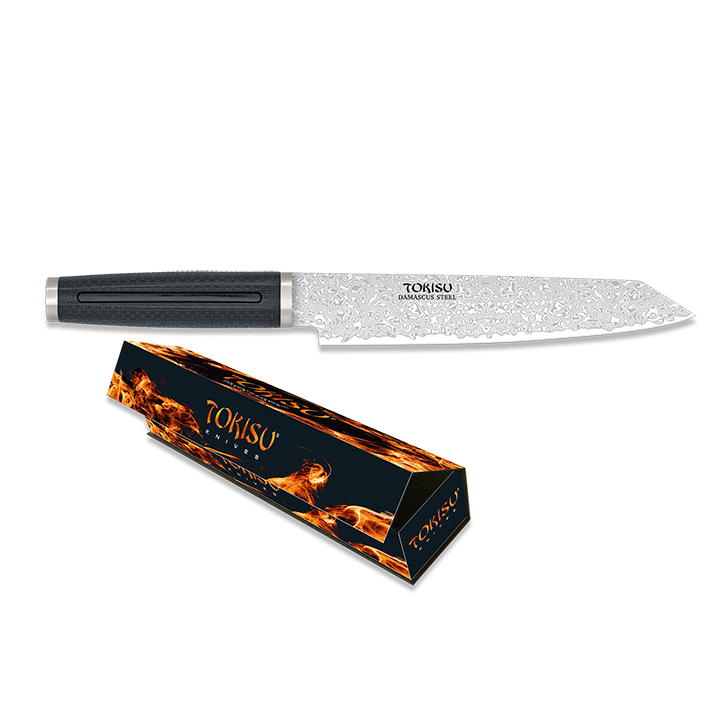 Kiritsuke-Küchenmesser mit 20 cm langer Damaststahlklinge und schwarzem Gummigriff