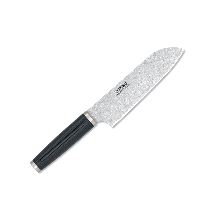Santoku-Küchenmesser mit 18 cm langer Damaststahlklinge und schwa...