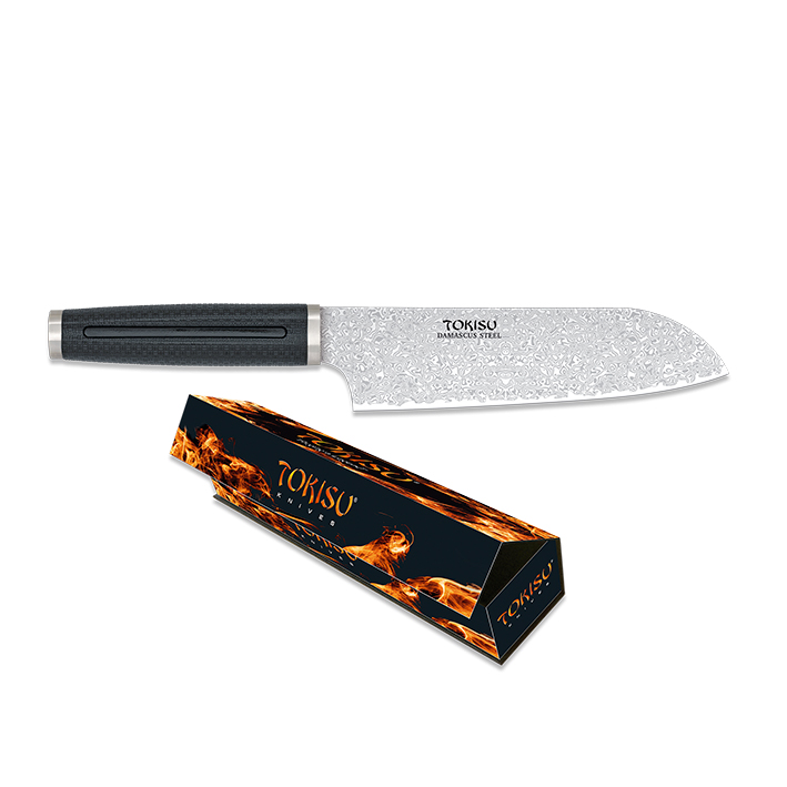 Santoku-Küchenmesser mit 18 cm langer Damaststahlklinge und schwarzem Gummigriff