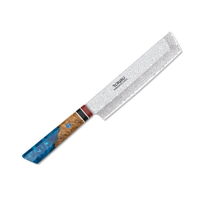 Nakiri-Küchenmesser mit 18 cm langer Damaststahlklinge und blauem...