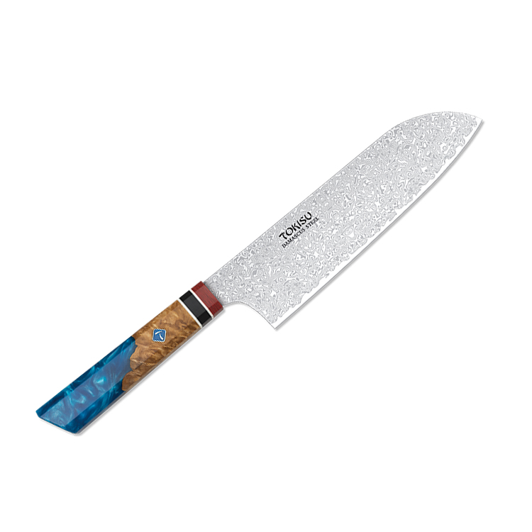 Santoku-Küchenmesser mit 19,5 cm langer Damaststahlklinge und bla...