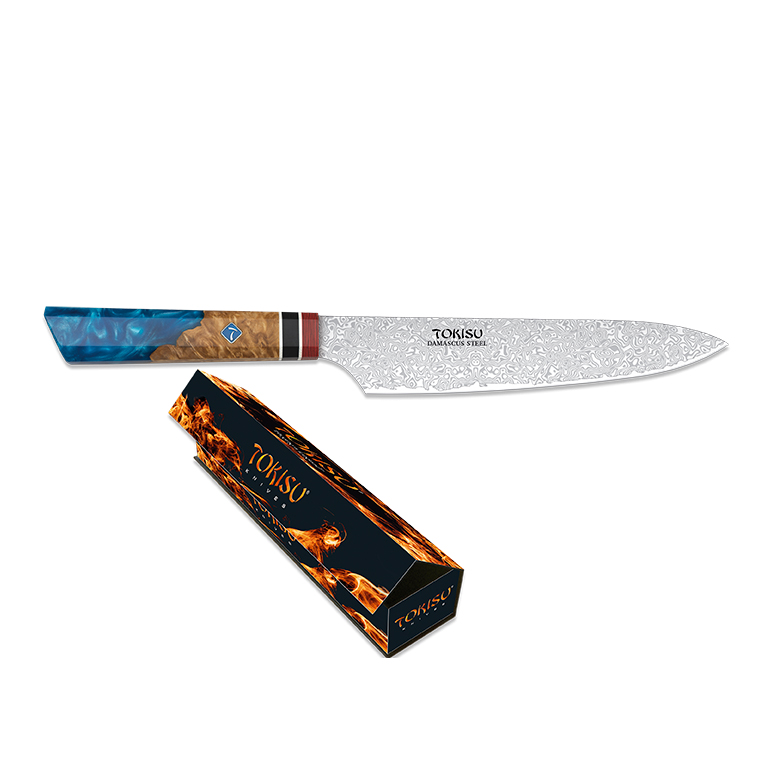 Kleines Gyuto-Küchenmesser mit 19,5 cm langer Damaststahlklinge und blauem und braunem Staypak-Griff