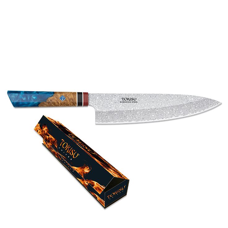 Faca de cozinha Gyuto com lâmina de aço damasco de 21,5 cm e cabo Staypak azul e castanho
