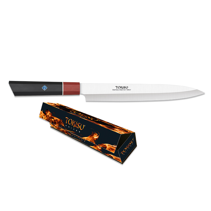 Yanagiba kitchen knife with 23 cm blade and black and red G10 handle