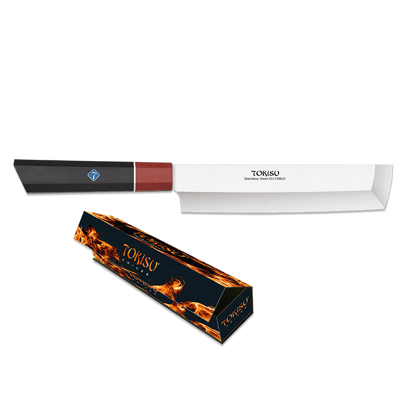 Nakiri kitchen knife with 18 cm blade and black and red G10 handle