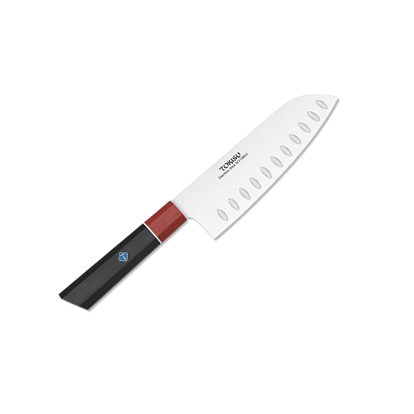Santoku-Küchenmesser mit 17 cm Klinge und schwarzem und rotem G10...