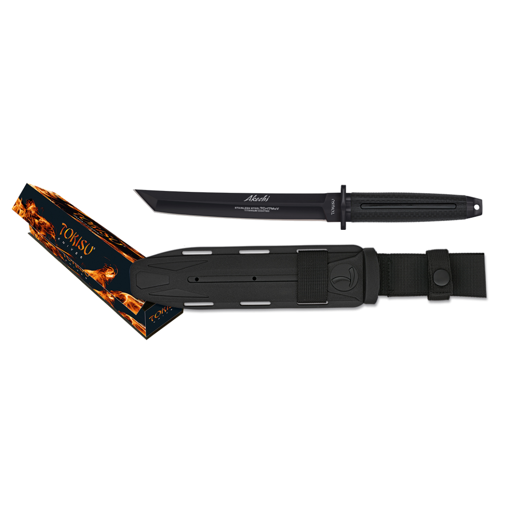 Coltello tattico Tokisu Akechi con manico in gomma nera e lama Tanto nera