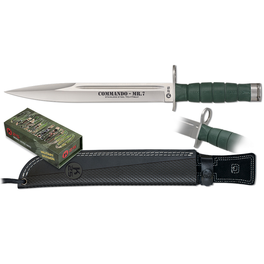 Faca tática K25 Commando MR7 com lâmina em aço inoxidável de 26 cm e cabo G10 verde