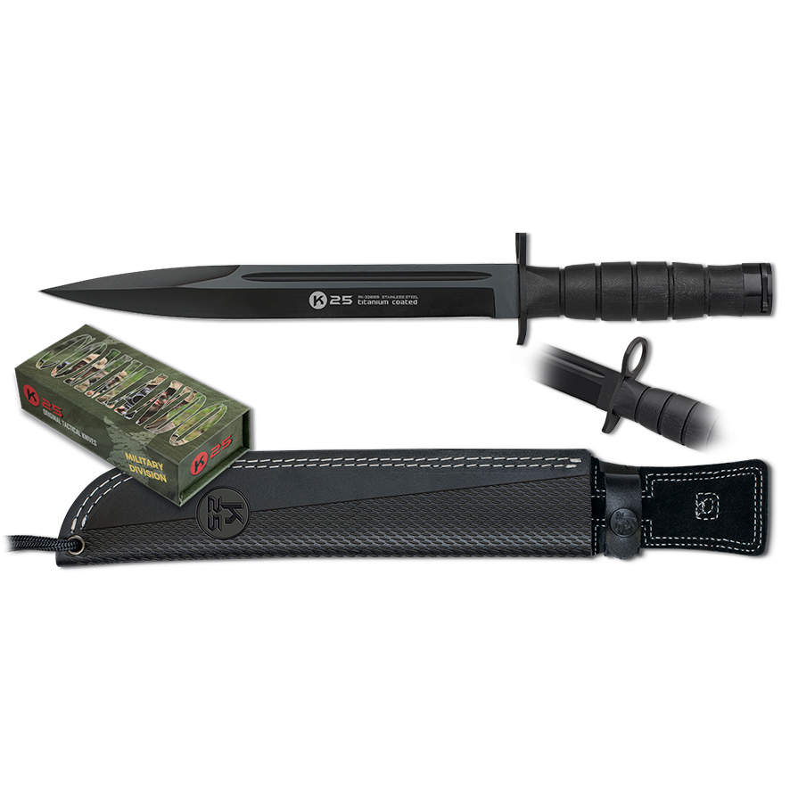 Coltello tattico K25 con lama nera da 26 cm e manico in G10 preto