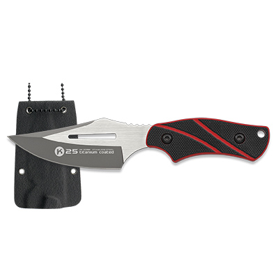 Faca tática K25 com lâmina de 7 cm e cabo G10 preto e vermelho