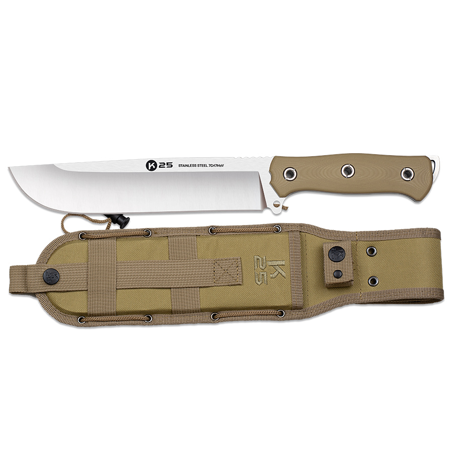 Coltello tattico K25 con lama tipo machete da 22 cm e manico in coyote G10