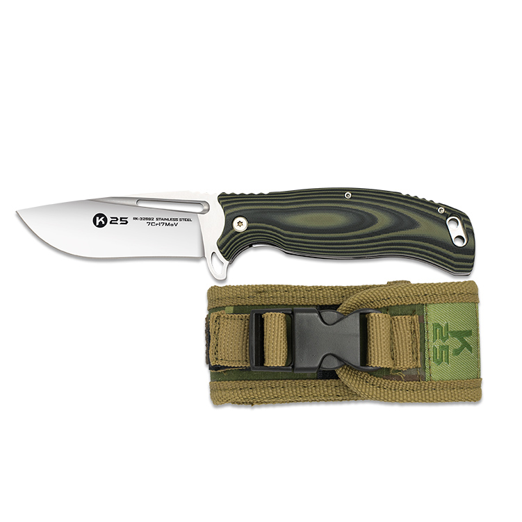 Canivete tático K25 com lâmina de 10 cm e cabo G10 verde e preto