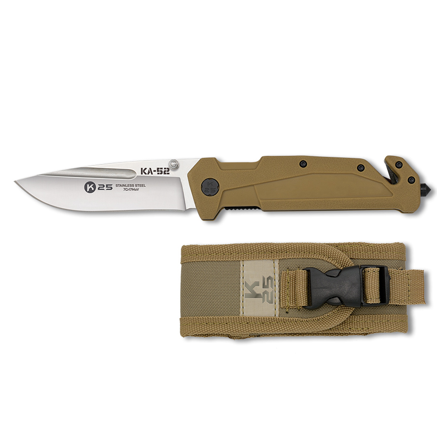 Taktisches Messer KA52 mit 9 cm Klinge und braunem Gummigriff mit Gürtelschneider und Glasbrecherspitze