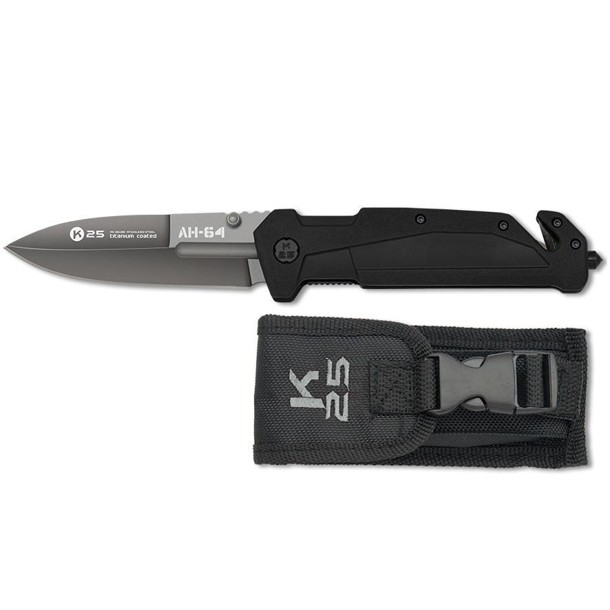 Canivete tático AH64 com lâmina de 9 cm e cabo de borracha preta com cortador de cinto e ponta quebra-vidros