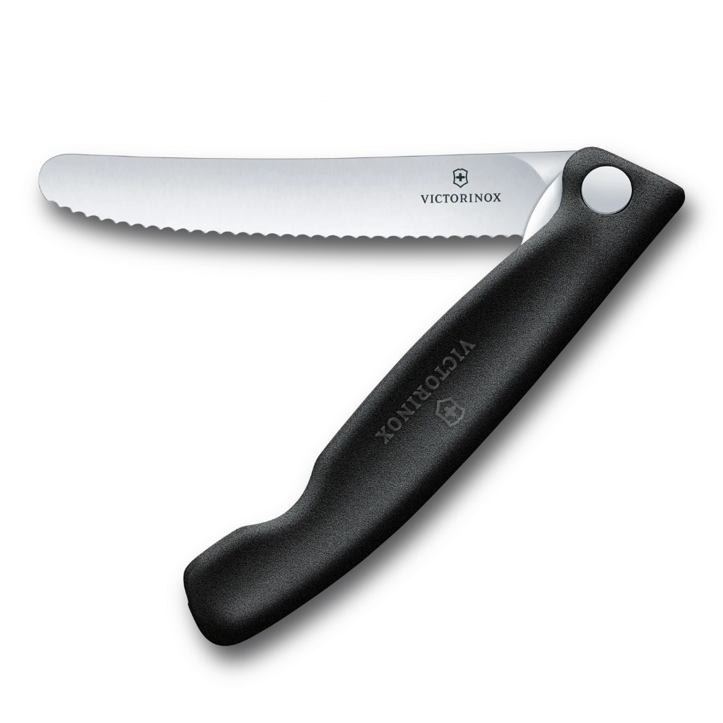 Coltello da tavolo pieghevole Victorinox Swiss Classic con bordo seghettato e manico nero