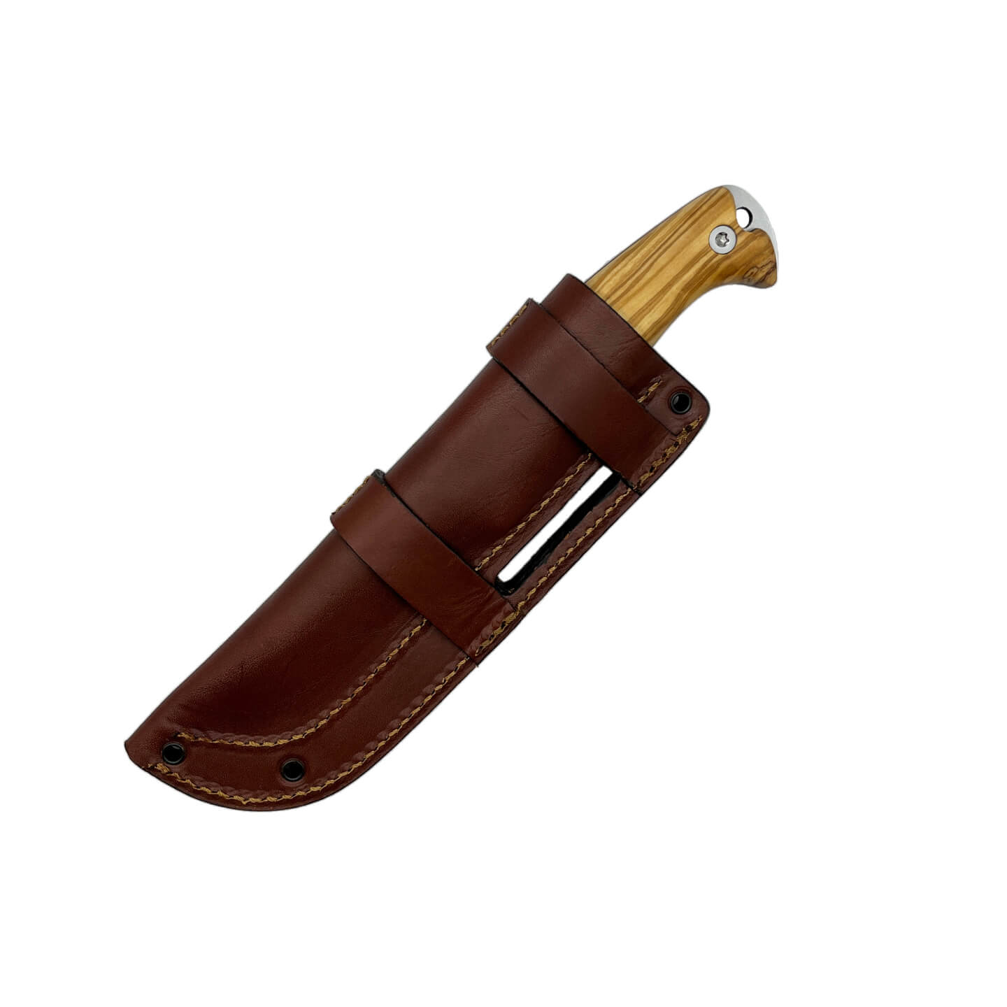 Faca bushcraft Amarok-4F com cabo em madeira de oliveira e lâmina plana de 4"