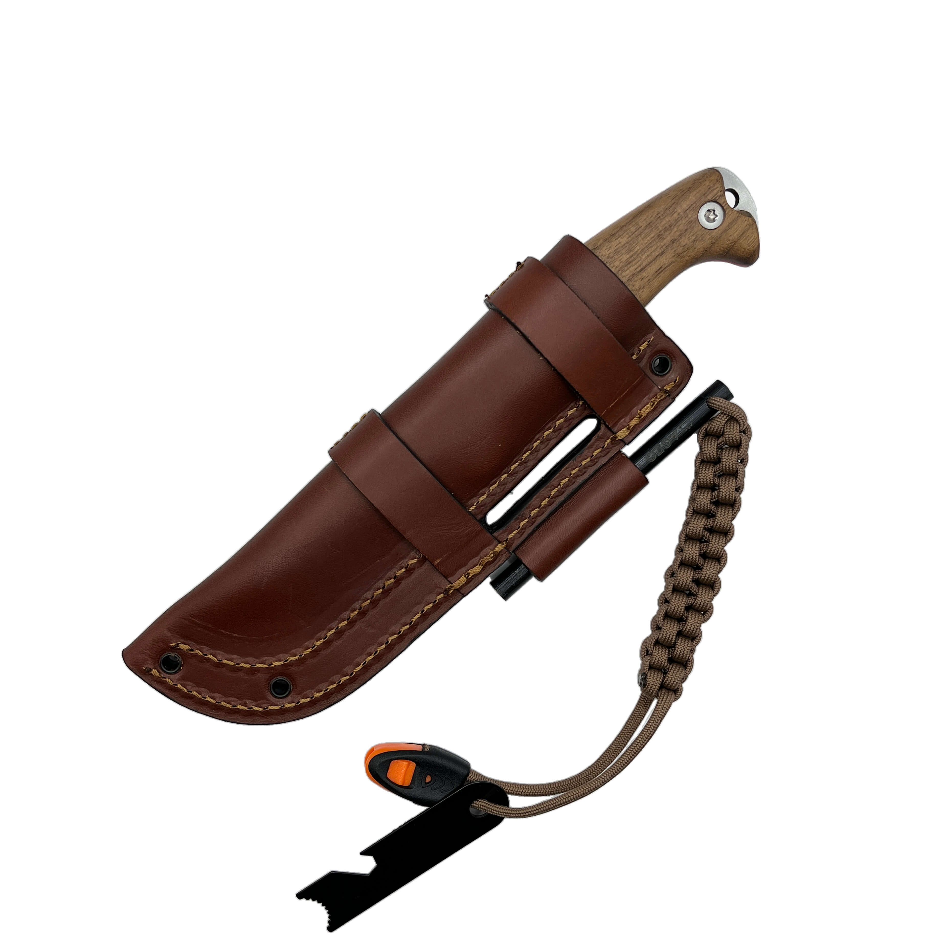 Faca bushcraft Amarok-4S com cabo em madeira de nogueira e lâmina de 4" fundida Scandi com pederneira