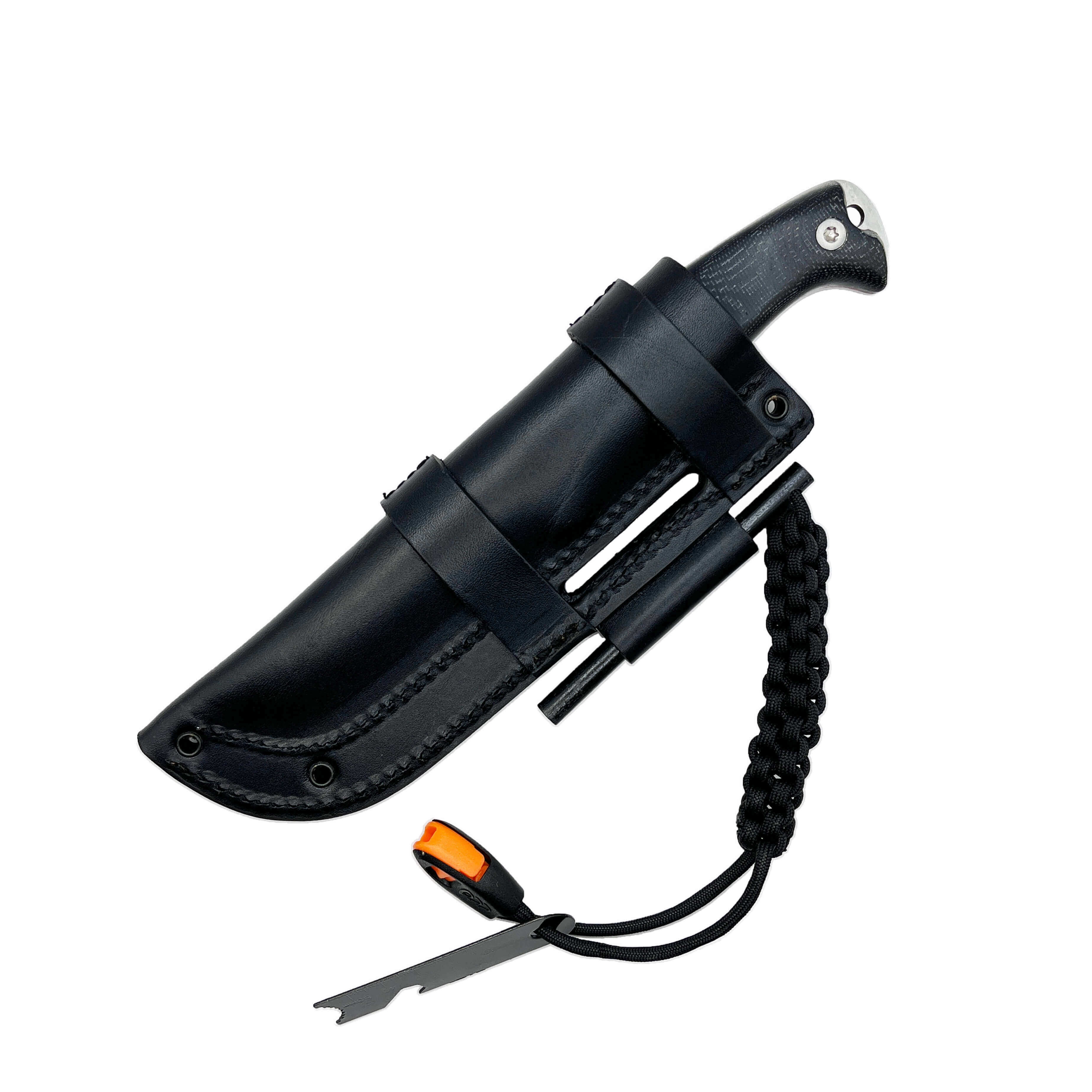 Cuchillo bushcraft Amarok-4S con mango de micarta negra y hoja de 4" vaciado escandi con pedernal