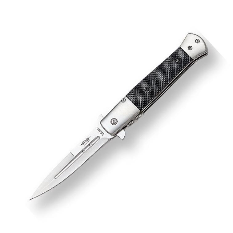 Stilettmesser mit schwarzem Fibergriff und 9 cm Klinge mit Linerl...