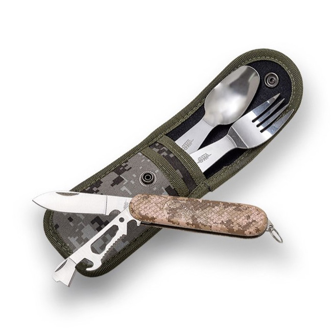 Couverts de camping camouflage avec cuillère, fourchette et coute...