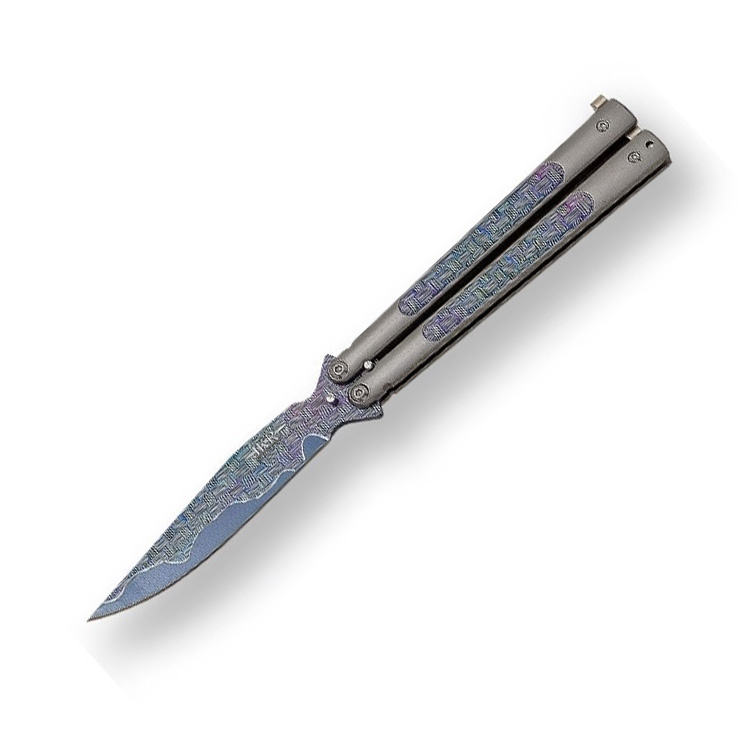Butterfly knife with 11 cm blade and decorated aluminum handle