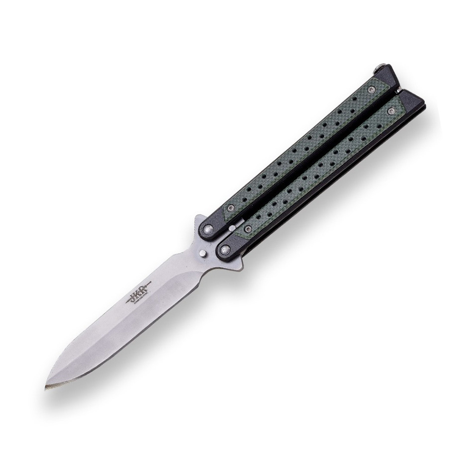 Butterfly knife with 10.5 cm blade and green fiber handle