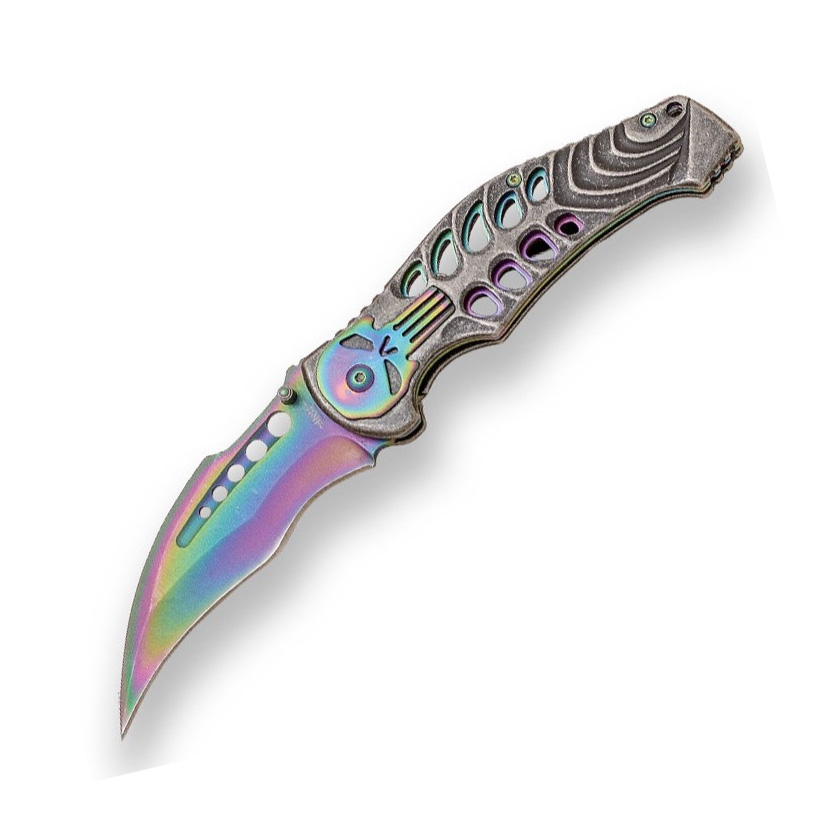 Gebogenes klappmesser mit 9,5 cm Regenbogenklinge und Aluminiumgr...