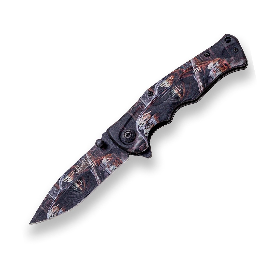 Mit dem Tod verziertes Klappmesser mit 8,5 cm Klinge und Aluminiu...