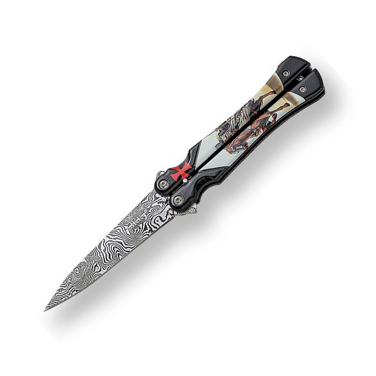 Navaja mariposa con mango decorado caballeros templarios blanco y...