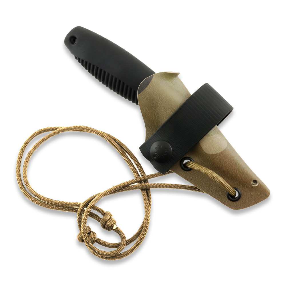 Cuchillo de supervivencia Peltonen M23 Ranger Cub con mango TPE negro y funda kydex multicam