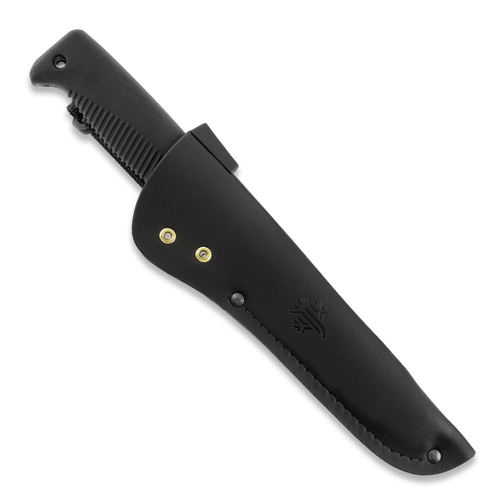 Couteau Ranger Puukko M95 avec lame revêtue de Téflon, manche en TPE noir et étui en cuir noir
