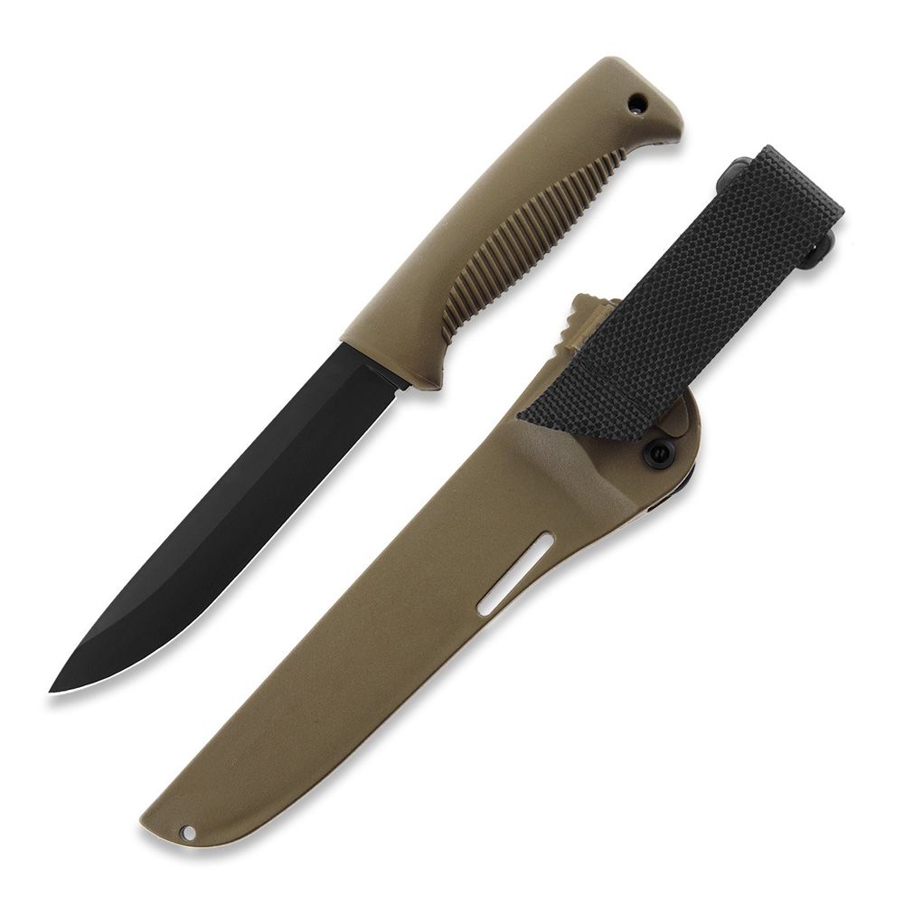 Couteau Ranger Puukko M95 avec lame revêtue de Téflon, manche en TPE coyote et étui composite coyote