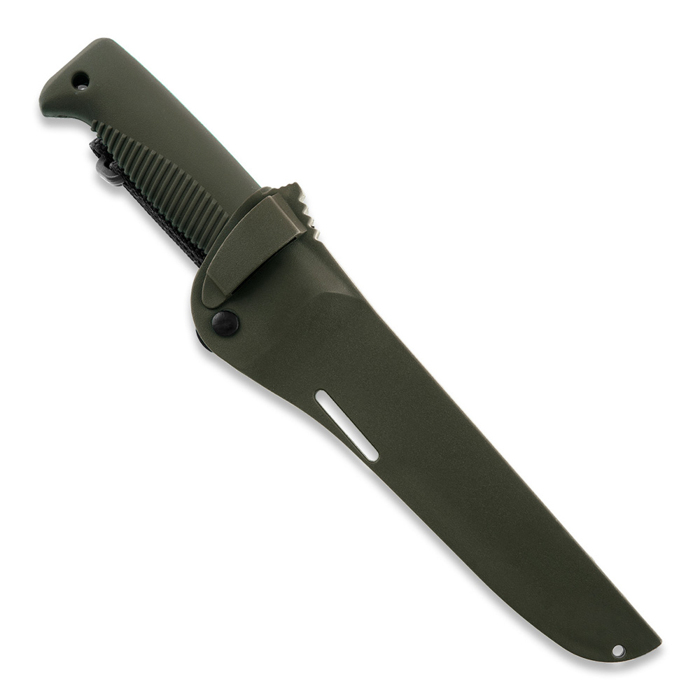 Faca Puukko M95 Ranger com lâmina revestida a Teflon, cabo em TPE verde e bainha composta verde