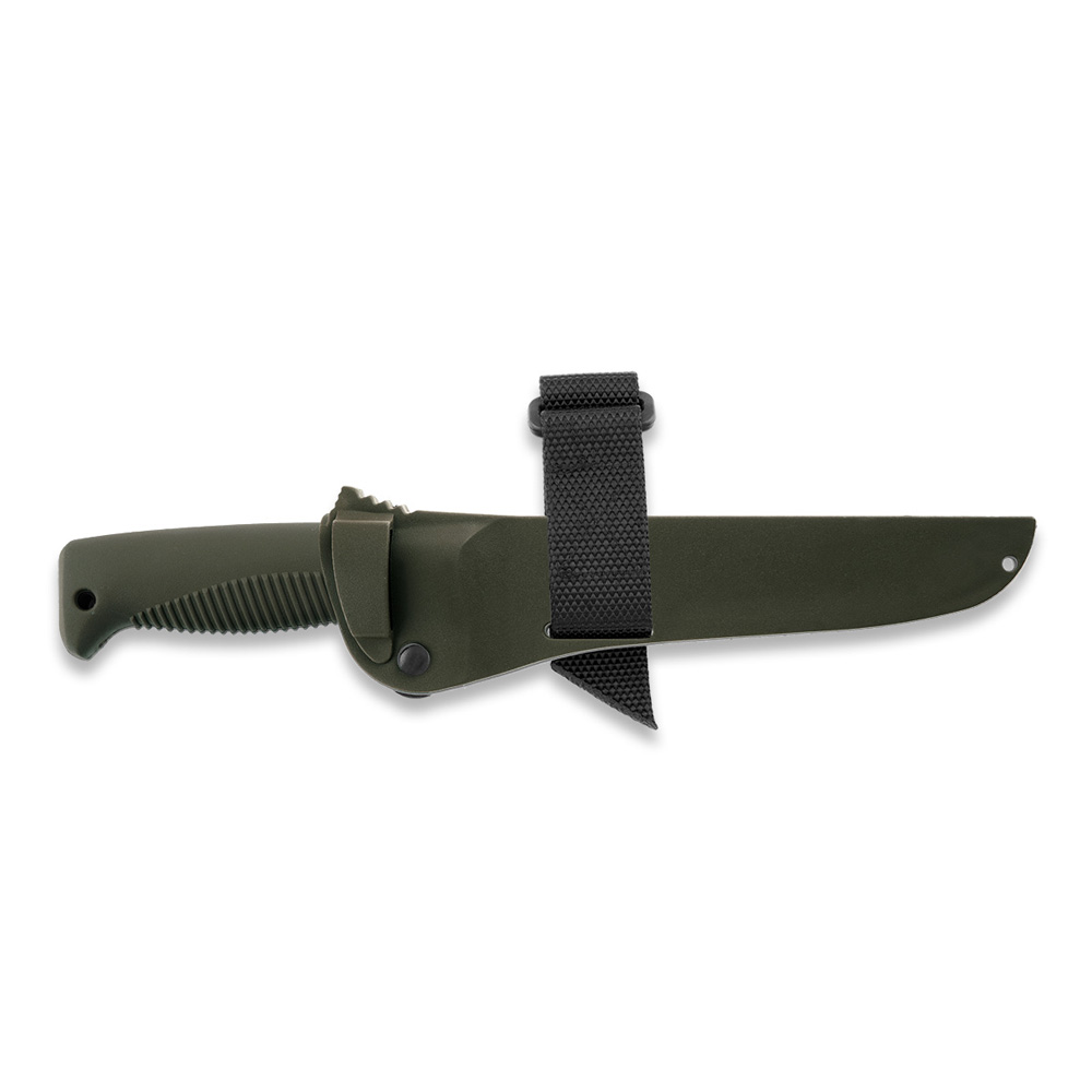 Faca Puukko M95 Ranger com lâmina revestida a Teflon, cabo em TPE verde e bainha composta verde