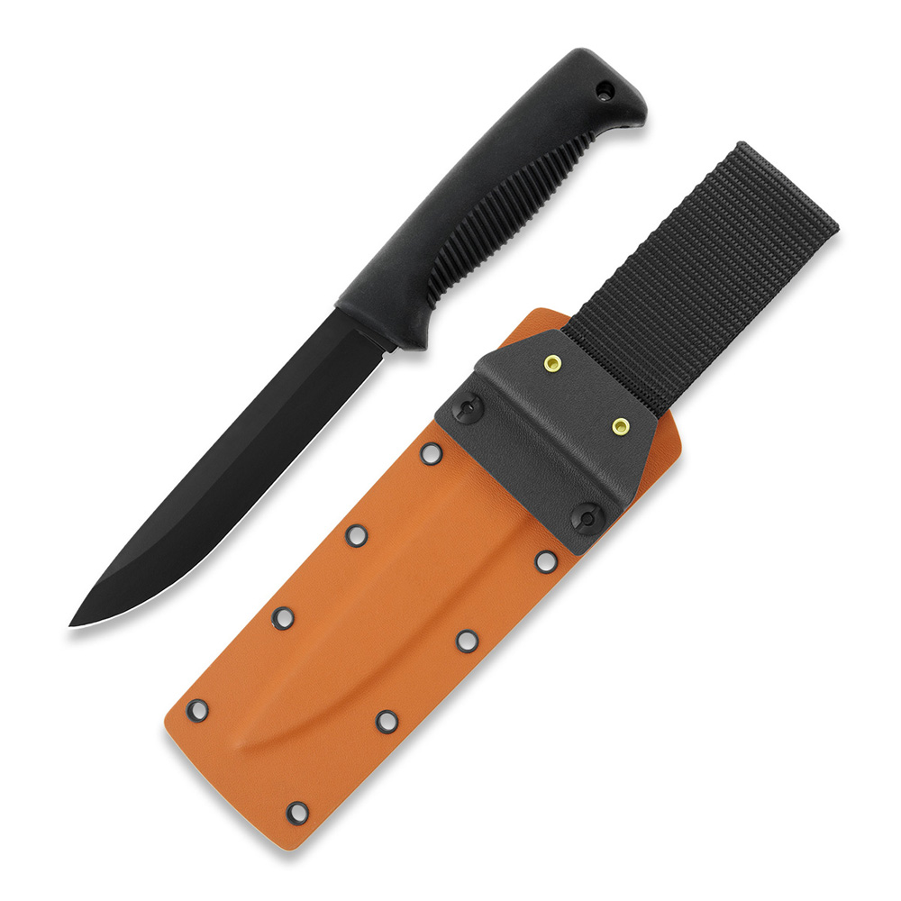 Couteau Ranger Puukko M95 avec lame revêtue de Téflon, manche en TPE noir et étui en kydex orange