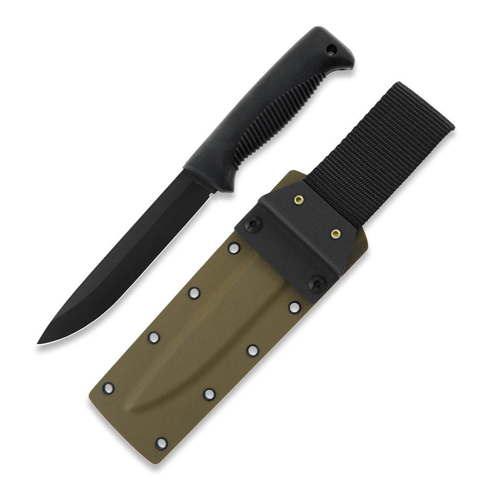 Faca Puukko M95 Ranger com lâmina revestida a Teflon, cabo TPE preto e bainha Coyote Kydex