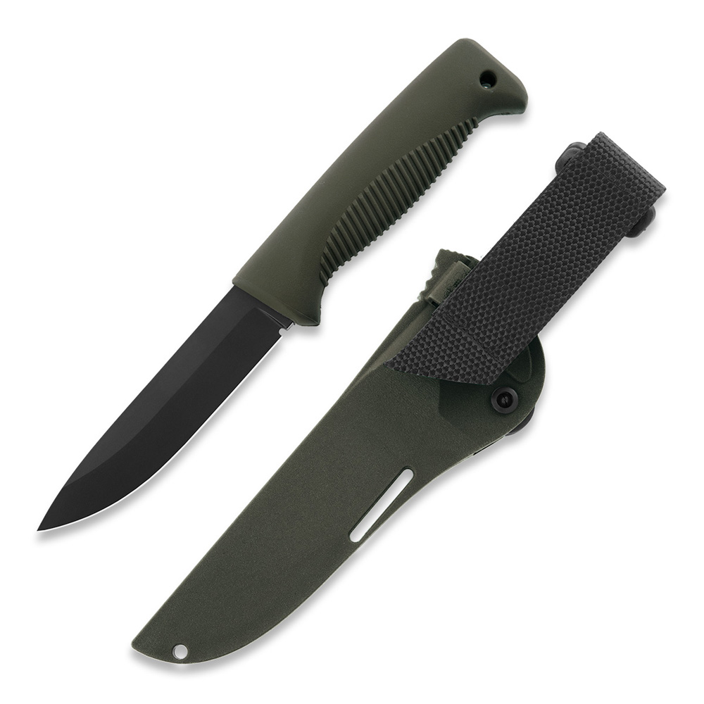 Faca Puukko M07 Ranger com revestimento PTFE preto na lâmina e cabo TPE verde e bainha composta verde