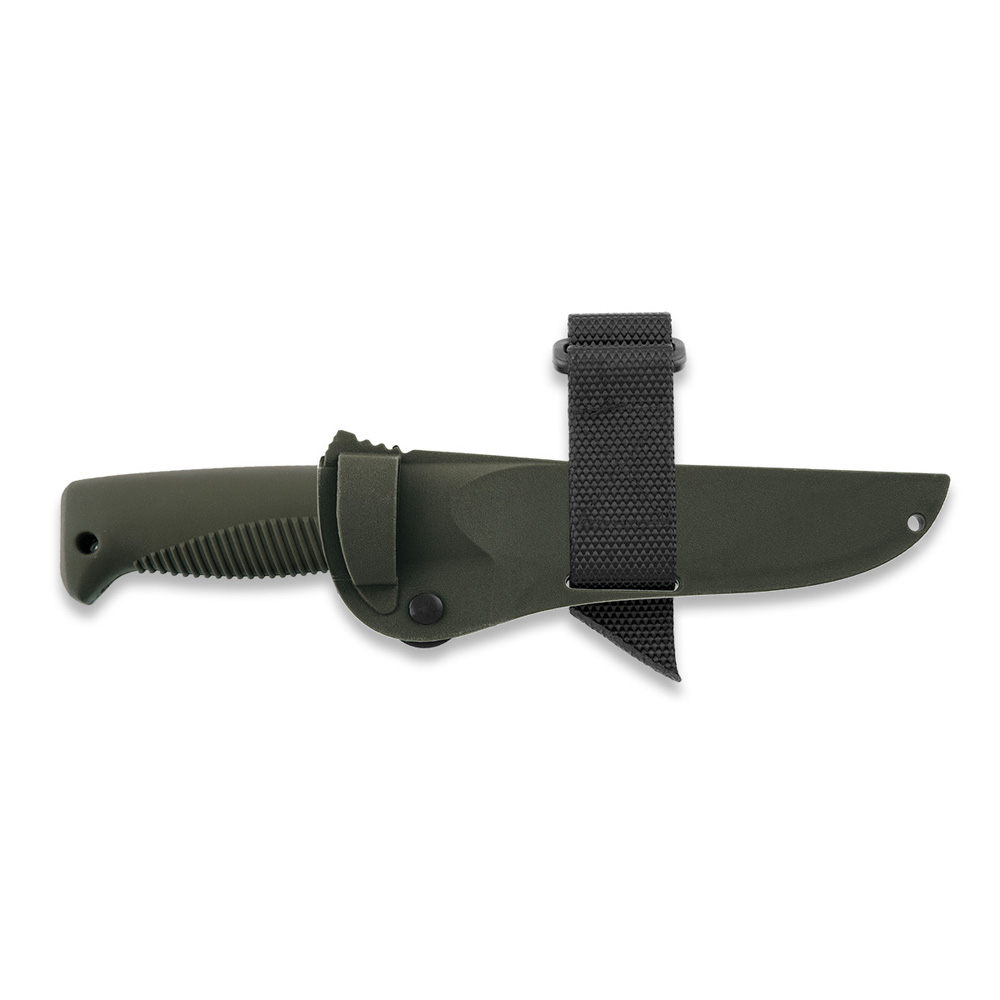 Faca Puukko M07 Ranger com revestimento PTFE preto na lâmina e cabo TPE verde e bainha composta verde
