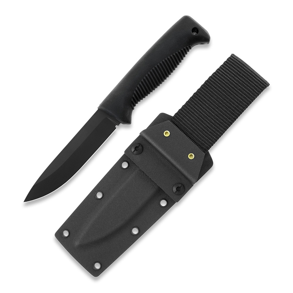 Cuchillo M07 Ranger Puukko con recubrimiento PTFE negro en la hoja y mango de TPE negro y funda kydex negra