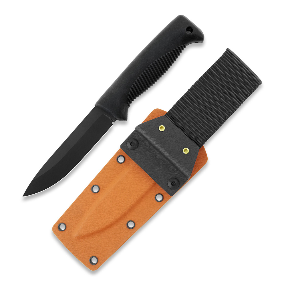 Faca Puukko M07 Ranger com revestimento PTFE preto na lâmina e cabo TPE preto e bainha kydex laranja