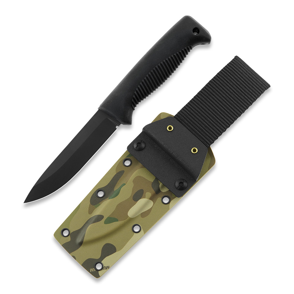 Faca tática Puukko M07 Ranger com lâmina revestida a teflon preto de 11,9 cm, cabo TPE preto e bainha multicam kydex
