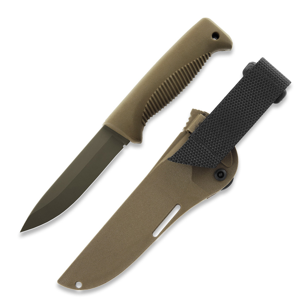 Faca tática Puukko M07 Ranger com lâmina FDE cerakote de 11,9 cm, punho TPE coyote e bainha composta coyote