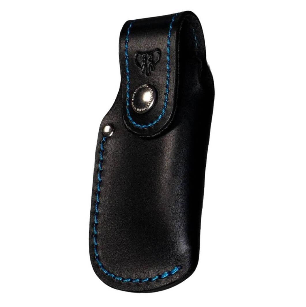 Bainha para faca Cudeman, em pele preta e azul. 9 cm de comprimen...