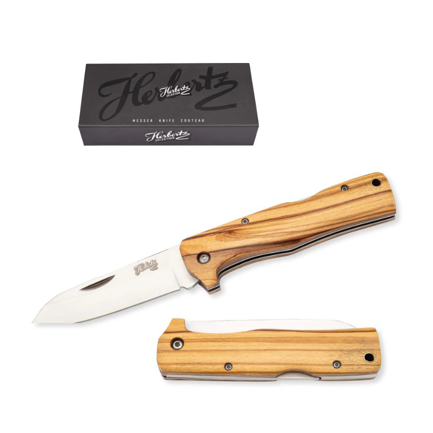 Canivete com lâmina em aço inoxidável de 9 cm e cabo em madeira de oliveira com fecho