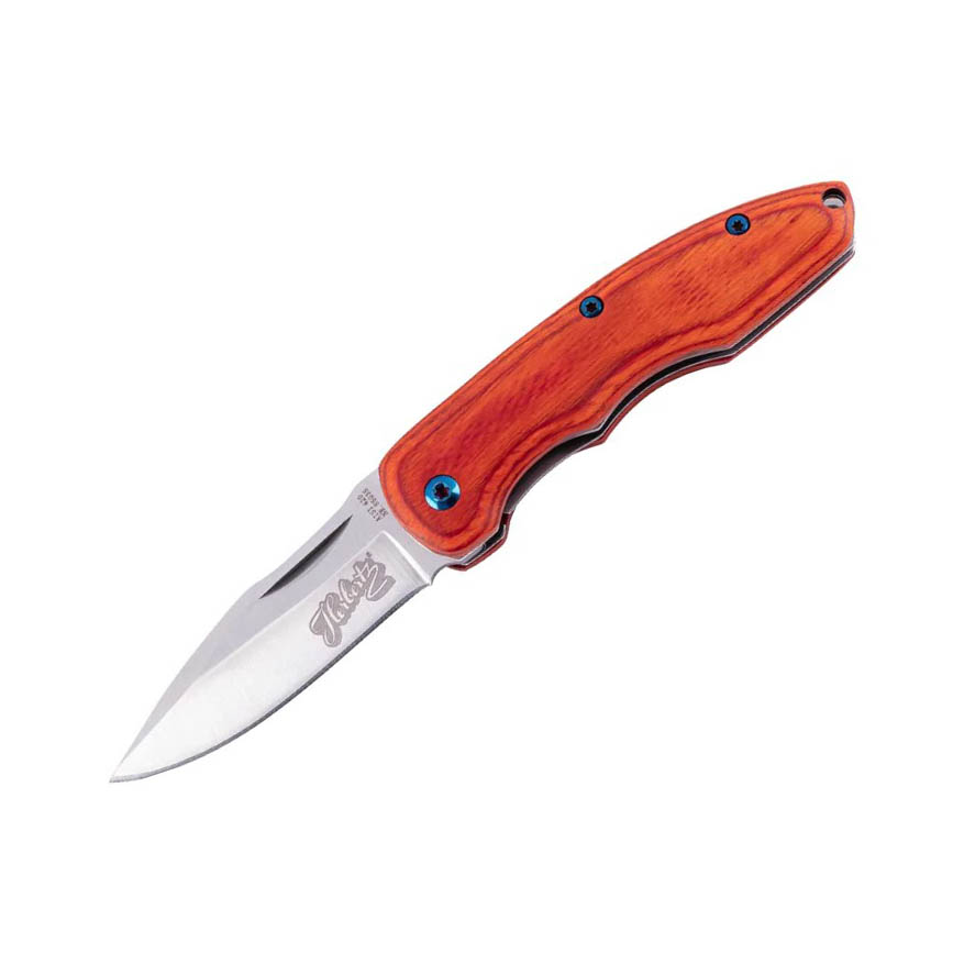 Pocket knife with pakka wood handle, blue screws and 6.4 cm blade...