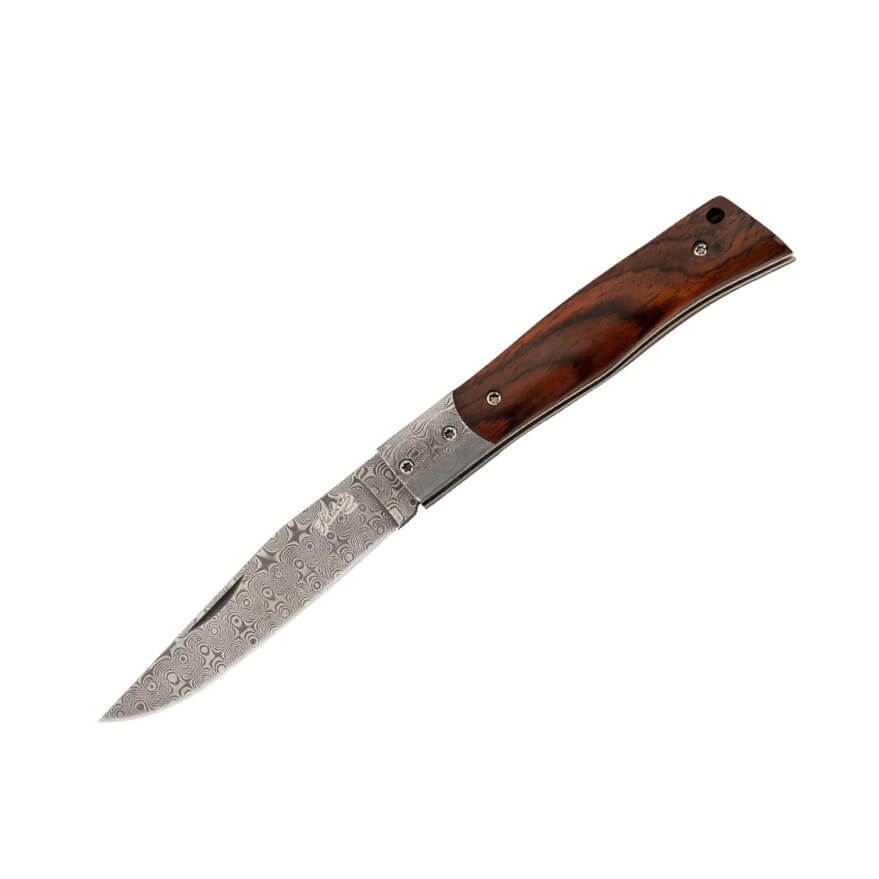 Pocket knife with sandalwood handle and 7.6 cm Damascus steel bla...