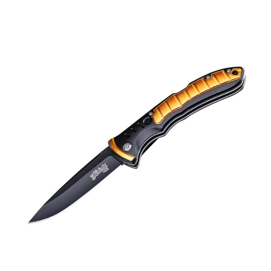 Pocket knife with black and yellow aluminum handle and 8.4 cm bla...